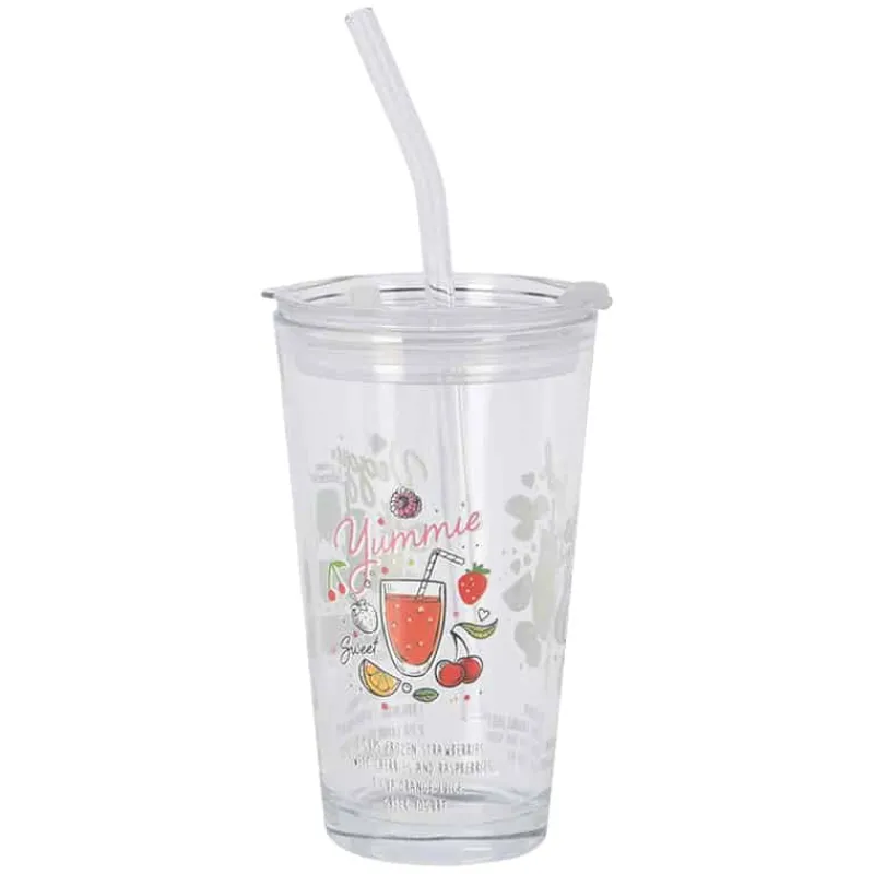 Drinkglas (400ml) met deksel & rietsje> Glazen & Bekers