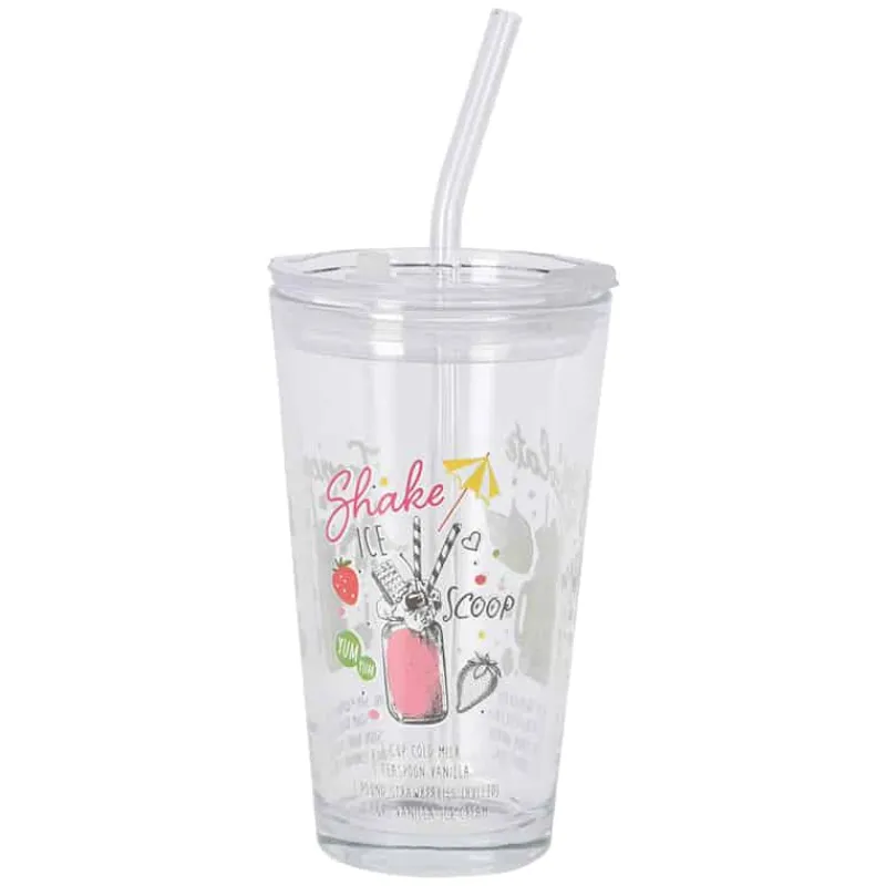 Drinkglas (400ml) met deksel & rietsje> Glazen & Bekers