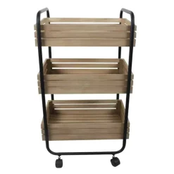 Houten rek op wielen met 3 laden> Meubilair