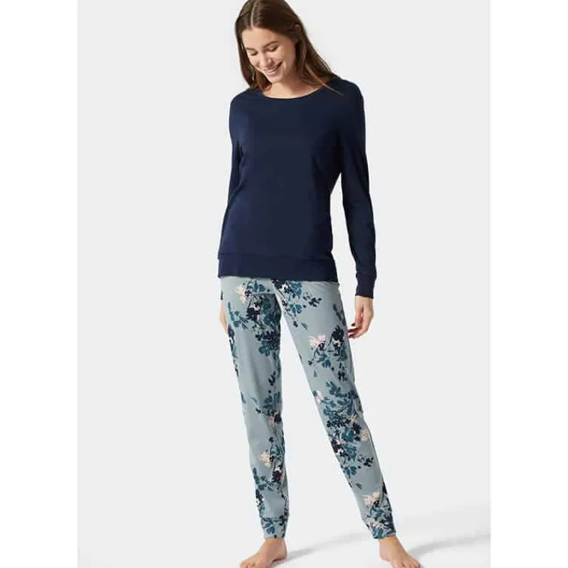 Schiesser Dames pyjama lang – grijs blauw> Kleding